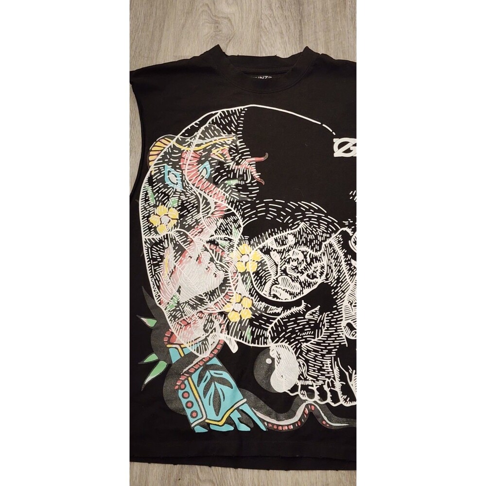Gunzinii Skull & Bones Black Graphic T-shirt Size Medium Cut Off Sleeve - Picture 4 of 8